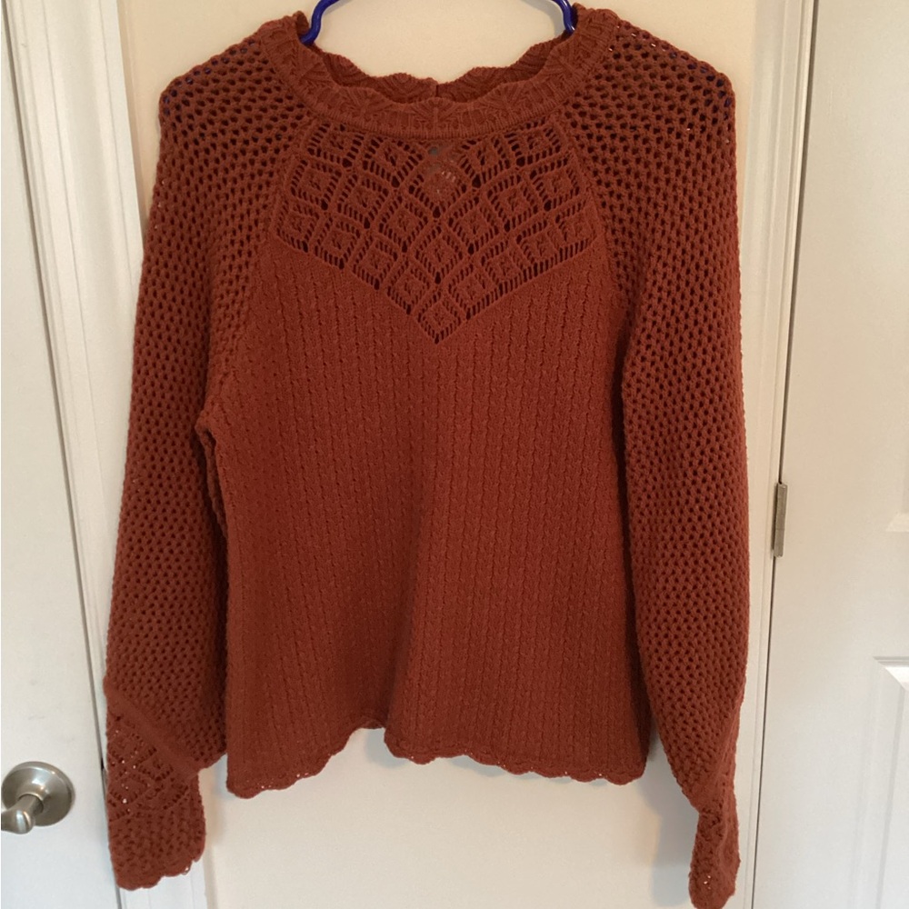 Sam Edelman Aura Crochet Neckline Scalloped Sweater, Brown, XS